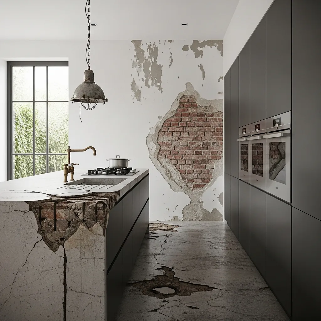 Moderni keittiö rapistuneilla yksityiskohdilla